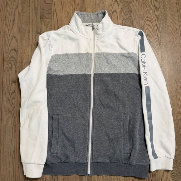 Calvin Klein Mens XL White Gray Color Block Full Zip Track Jacket - Picture 1 of 5